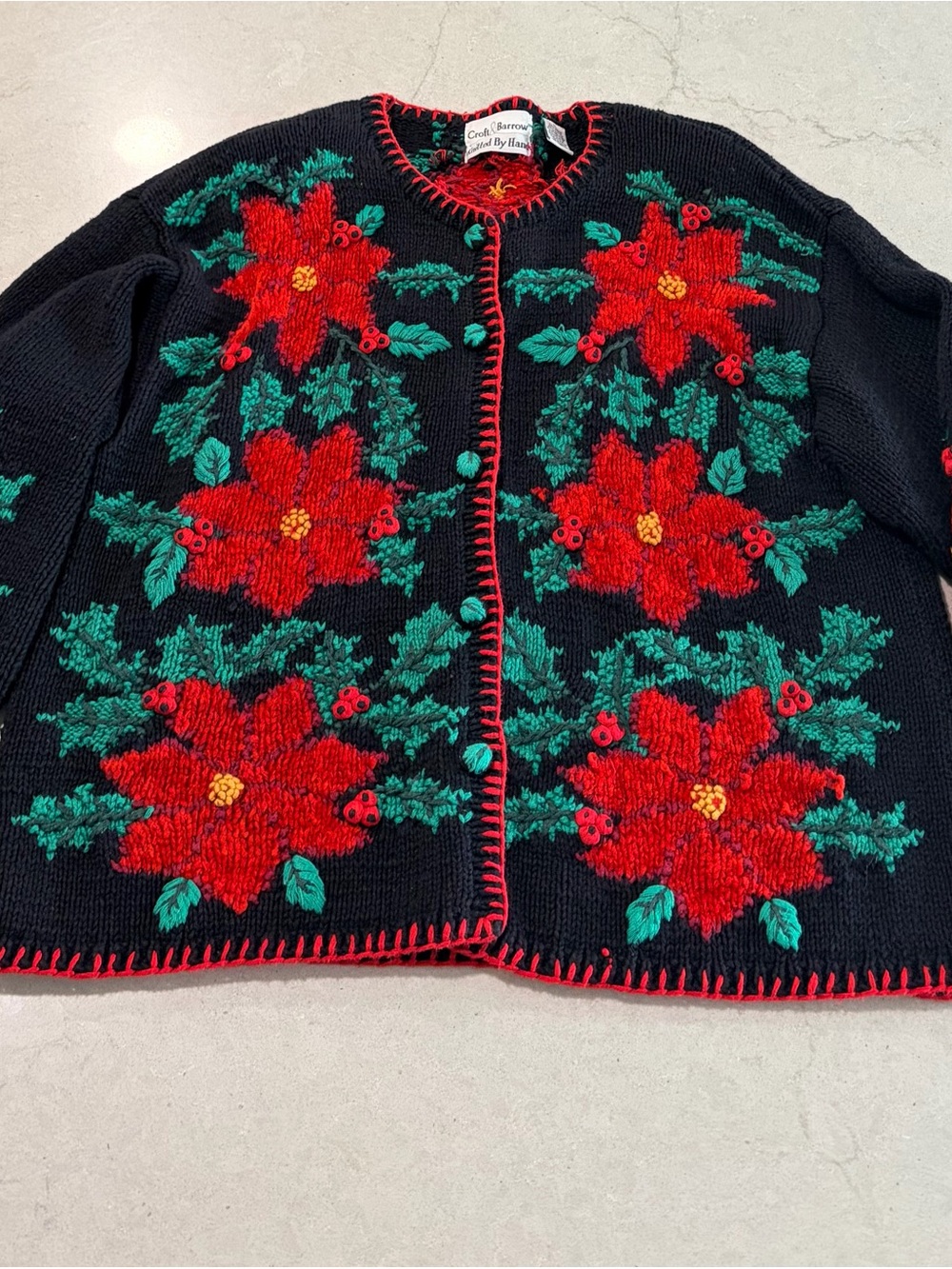 VTG croft & barrow Black Cardigan with Red Poinsettia Embroidery hand knit large